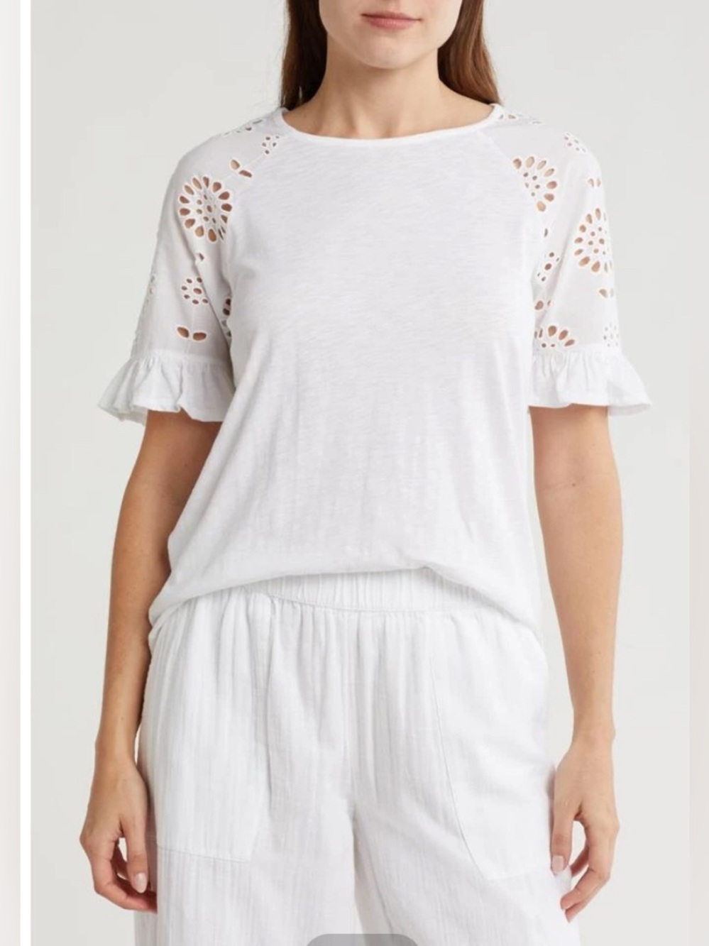 Caslon White Eyelet Sleeve Cotton Tee size L